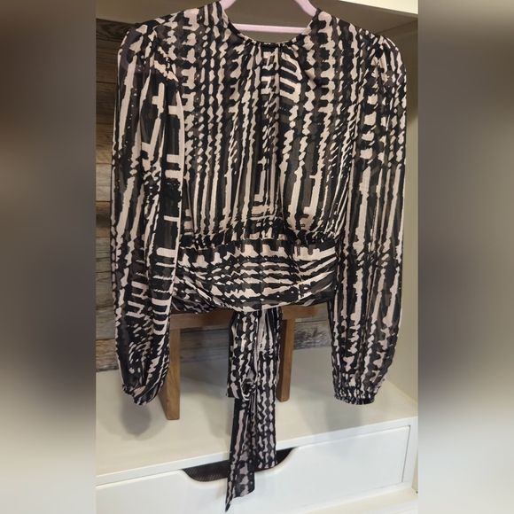 Misa Los Angeles Black & Light Pink Printed Open Tie Back Blouse - Picture 1 of 6